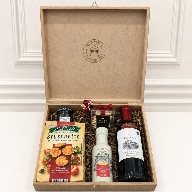 Kit Experiência Mediterrânea — 01 Caixa de madeira MDF personalizável, 01 Vinho tinto selecionado, 01 Azeite de oliva extravirgem Prosperato 100ml Mediterrânica Suave, 01 Bruschette Maretti (imagem 1 de 2)
