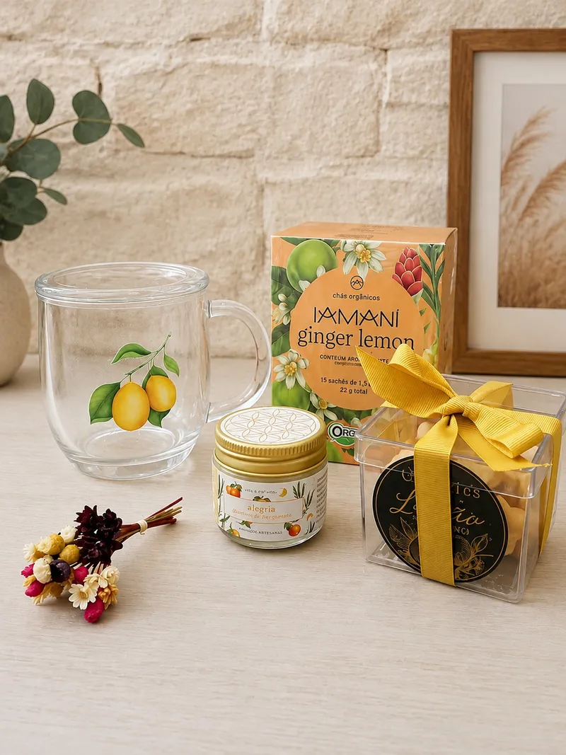 Kit Limones - Chás & Cookies — Chá Orgânico Ginger Lemon Iamani, Cookies de Limão com Chocolate Biscoitê, Vela Aromática Detox (Hortelã & Limão Siciliano), Caneca de Vidro com Filtro e Tampa (imagem 2 de 2)
