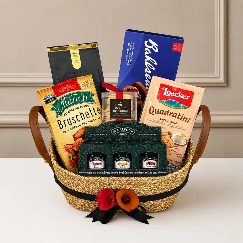 Cesta Seleção Premium — Café Moído Gourmet Santa Mônica 250g, Bruschetta Maretti Tomate e Orégano, Barra de Chocolate com Caju Di Siena, Kit 3 Geleias St. Dalfour (imagem 1 de 3)