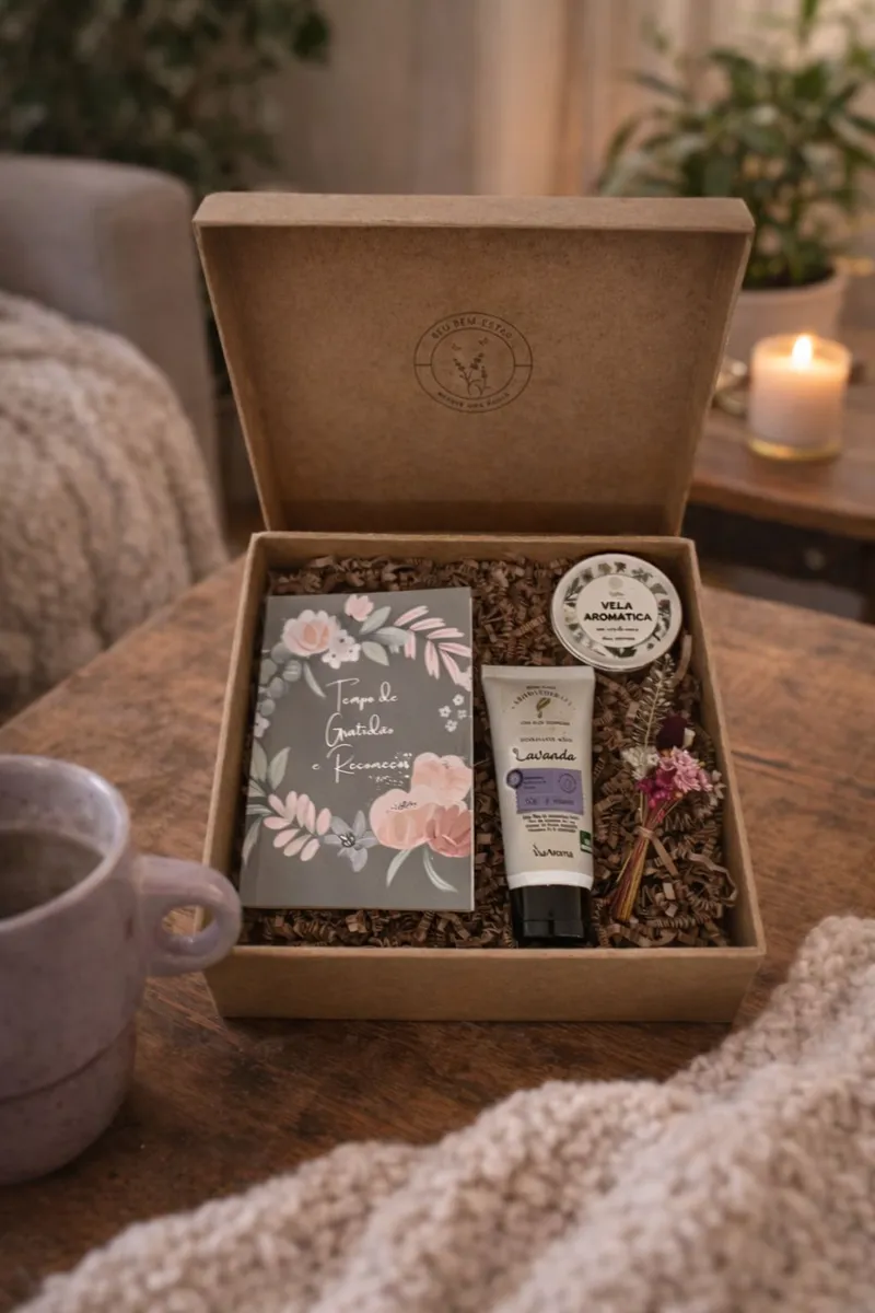 Kit Bem Estar Essencial — Journal - Caderno de Anotações, Creme para Mãos Lavanda 60g, Vela Aromática Natural de Latinha 60g, Mini Buquê de Flores Desidratadas (imagem 1 de 2)