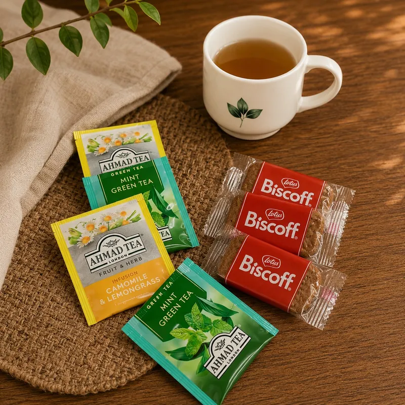 Kit Jardim Inglês — 1 caneca de cerâmica com estampa botânica (diversas opções de cores), 4 sachês de chá Ahmad Tea sabores Mint Green Tea e English Breakfast, 3 biscoitos Lotus Biscoff, Caixa de madeira MDF com possibilidade de personalização por gravação a laser (imagem 2 de 2)