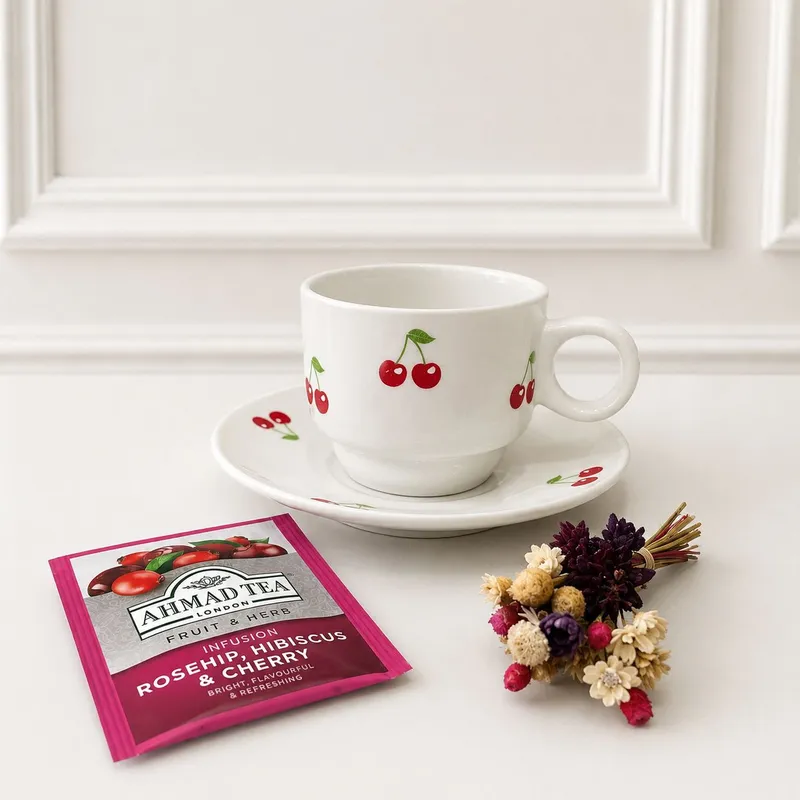 Kit Cherry Tea – Chá & Encanto — Xícara e pires de cerâmica com estampa de cerejas (180ml), Sachê de chá Ahmad Tea Rosehip, Hibiscus & Cherry, Mini buquê de flores, Caixa de madeira MDF com acabamento em palha decorativa, personalizável (imagem 2 de 2)