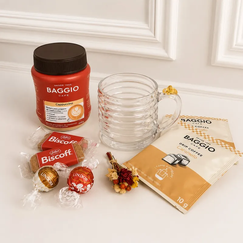 Kit Cappuccino & Cia — 1 Cappuccino Baggio 200g, 2 Drip Coffee Baggio Caramelo, 2 Biscoitos Lotus Biscoff, 2 Bombons Lindor (imagem 2 de 3)