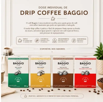 Kit Delicato Baggio — Caixa em madeira MDF com gravação interna, Xícara de cerâmica com pires, 3 doses individuais de Drip Coffee Baggio, em diferentes sabores, 1 chocolate Lindor Lindt (imagem 4 de 4)