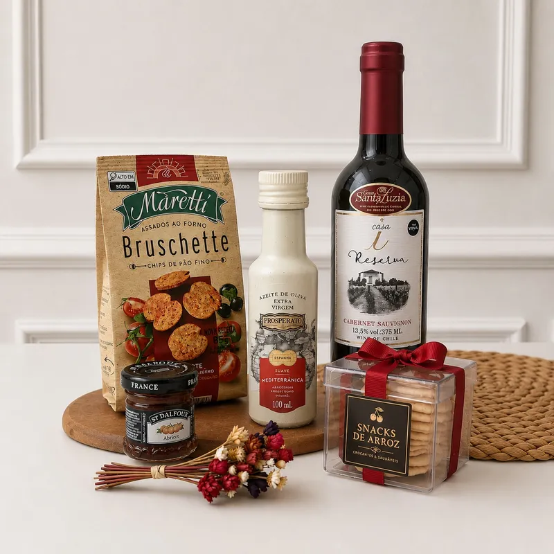 Kit Experiência Mediterrânea — 01 Caixa de madeira MDF personalizável, 01 Vinho tinto selecionado, 01 Azeite de oliva extravirgem Prosperato 100ml Mediterrânica Suave, 01 Bruschette Maretti (imagem 2 de 2)