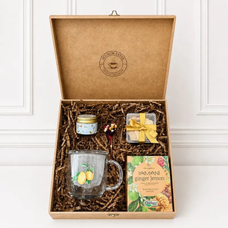 Kit Limones - Chás & Cookies — Chá Orgânico Ginger Lemon Iamani, Cookies de Limão com Chocolate Biscoitê, Vela Aromática Detox (Hortelã & Limão Siciliano), Caneca de Vidro com Filtro e Tampa (imagem 1 de 2)