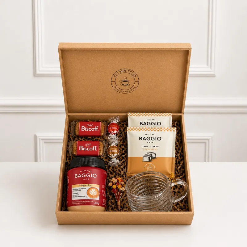 Kit Cappuccino & Cia — 1 Cappuccino Baggio 200g, 2 Drip Coffee Baggio Caramelo, 2 Biscoitos Lotus Biscoff, 2 Bombons Lindor (imagem 1 de 3)