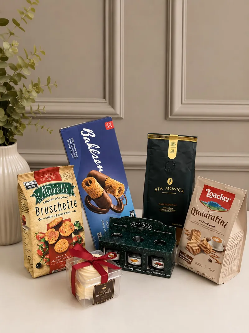 Cesta Seleção Premium — Café Moído Gourmet Santa Mônica 250g, Bruschetta Maretti Tomate e Orégano, Barra de Chocolate com Caju Di Siena, Kit 3 Geleias St. Dalfour (imagem 2 de 3)