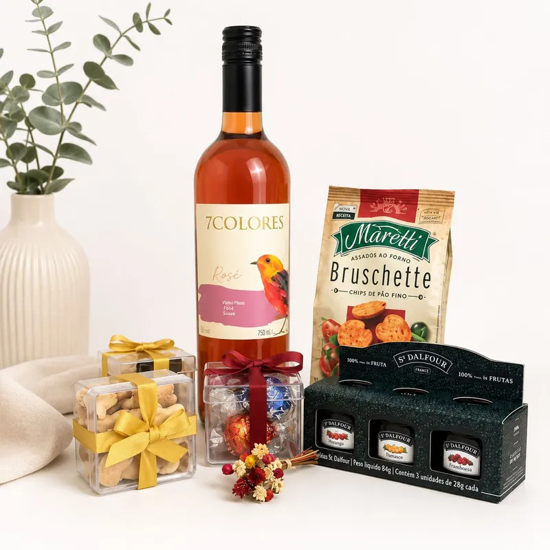 Kit Vinho & Cia — Vinho chileno 7 Colores 750 ml, versões tinto, rosé ou branco, Snacks de arroz Kalassi sem glúten, leves, crocantes e saborosos, Cookies de Limão Siciliano, delicadamente aromáticos, 3 mini geleias St. Dalfour, produzidas na França (imagem 3 de 3)