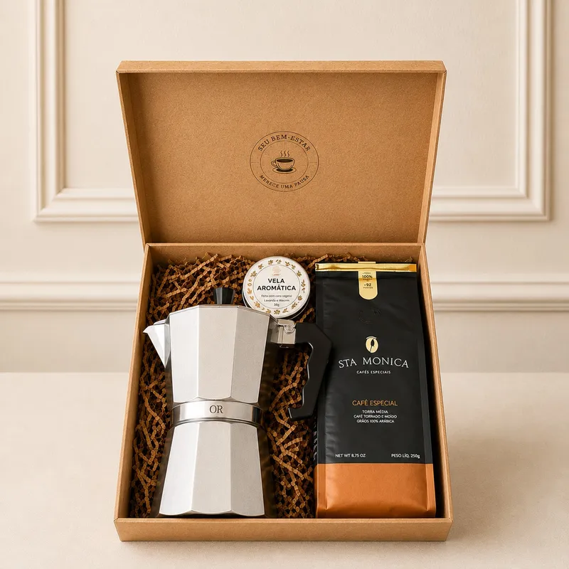 Kit Café Itália — Cafeteira Italiana, Café Moído Gourmet Santa Mônica 250g, Vela Aromática Natural de Latinha, Caixa de Madeira MDF (imagem 1 de 2)