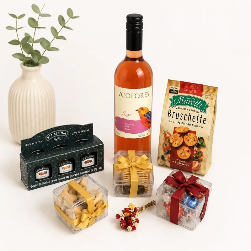 Kit Vinho & Cia — Vinho chileno 7 Colores 750 ml, versões tinto, rosé ou branco, Snacks de arroz Kalassi sem glúten, leves, crocantes e saborosos, Cookies de Limão Siciliano, delicadamente aromáticos, 3 mini geleias St. Dalfour, produzidas na França (imagem 1 de 3)