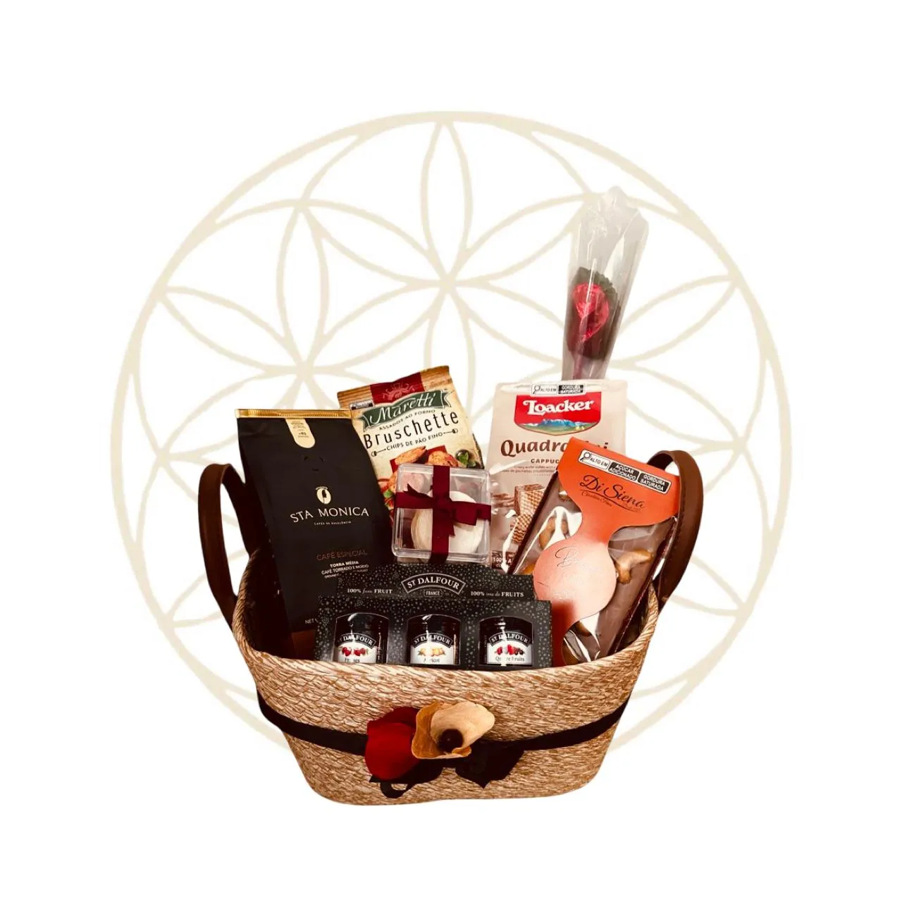 Cesta Seleção Premium — Café Moído Gourmet Santa Mônica 250g, Bruschetta Maretti Tomate e Orégano, Barra de Chocolate com Caju Di Siena, Kit 3 Geleias St. Dalfour (imagem 3 de 3)