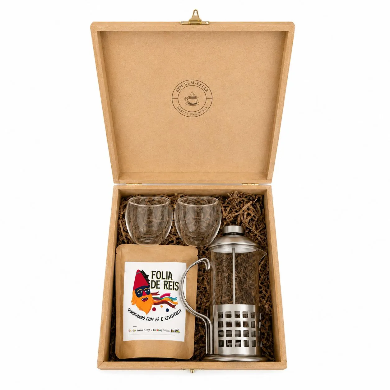 Kit corporativo LilyBliss com rótulo personalizável e caixa de madeira com gravação do logo