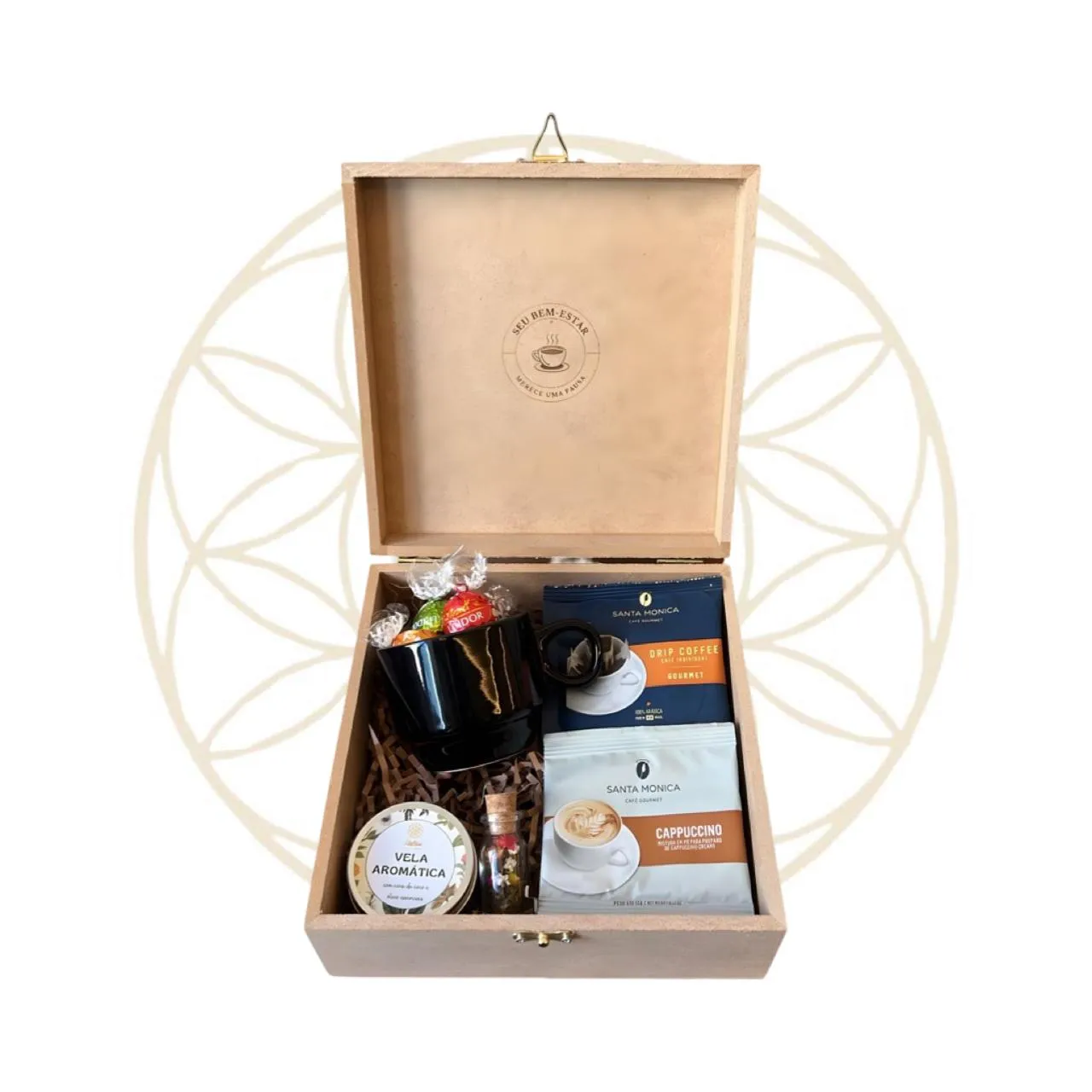 Kit Delicato - Café & Lindt — Xícara de Porcelana Esmaltada 150ml, Sachê Drip Coffee Santa Mônica, Sachê Cappuccino Cremoso, 4 Bombons Lindt ao Leite (imagem 2 de 2)