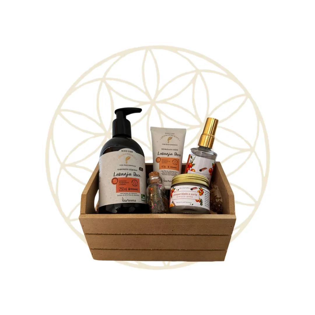 Kit Jardim das Laranjeiras — Vela Perfumada Prosperidade e Sorte, Spray Aromático, Sabonete Líquido Laranja Doce, Creme para Mãos Laranja Doce